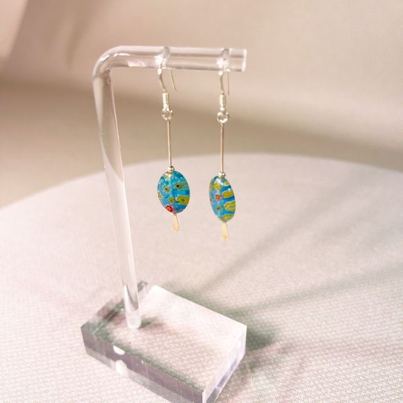 Two Inch Drop Sterling Silver Blue Millefiori Carnaval Earrings 2” Long - Picture 5 of 9